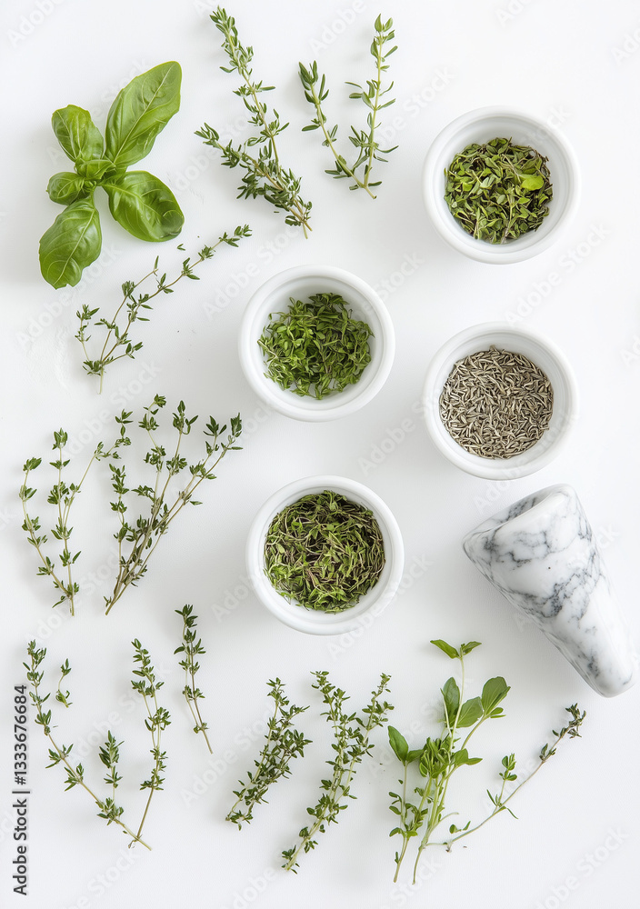 Fresh Herbs in White Bowls with Marble Mortar and Pestle