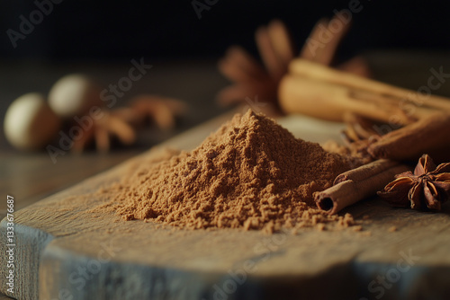 Obraz na płótnie Cinnamon Powder with Star Anise and Cinnamon Sticks w salonie