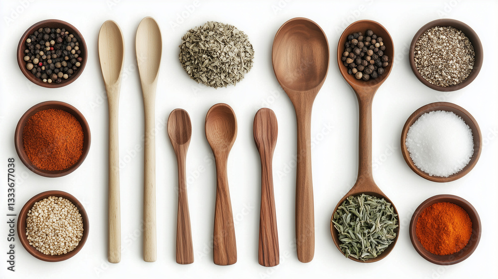 Assorted Wooden Spoons with Spices on White Background