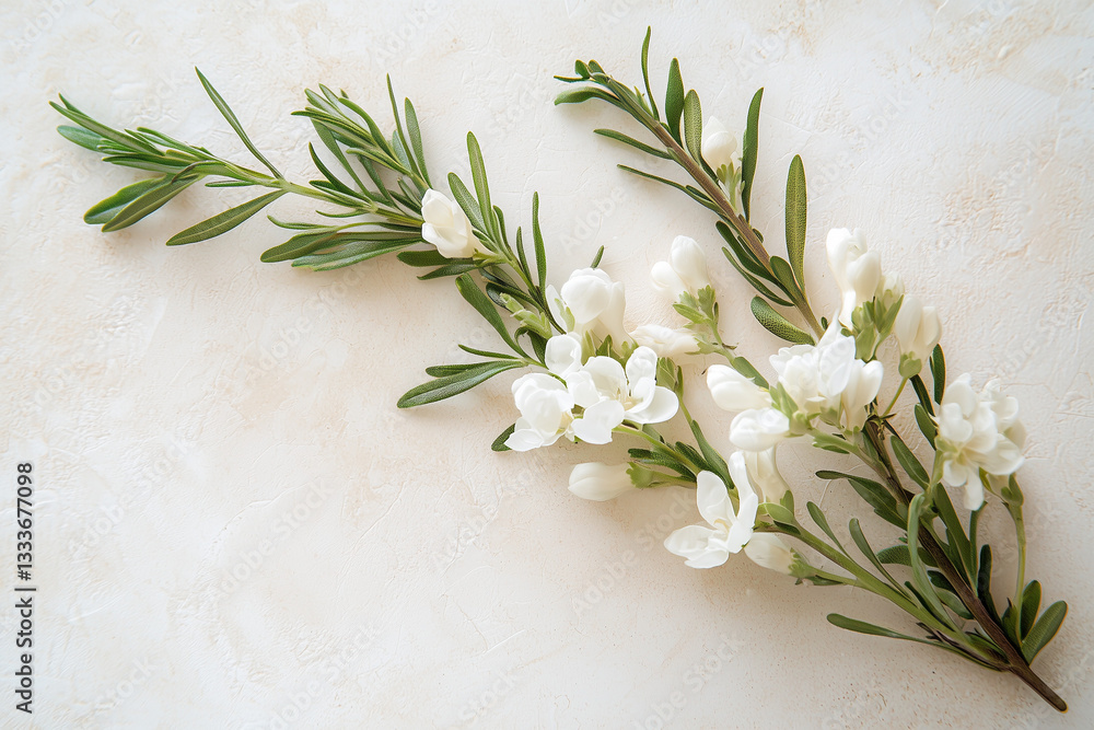White Flowers with Greenery on a Marble Background