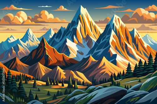 alp mountain landscape with grass and pine trees abstract cartoon
