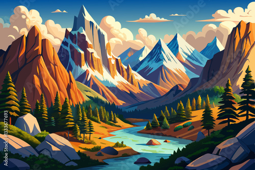 alp mountain landscape with river and pine trees abstract cartoon
