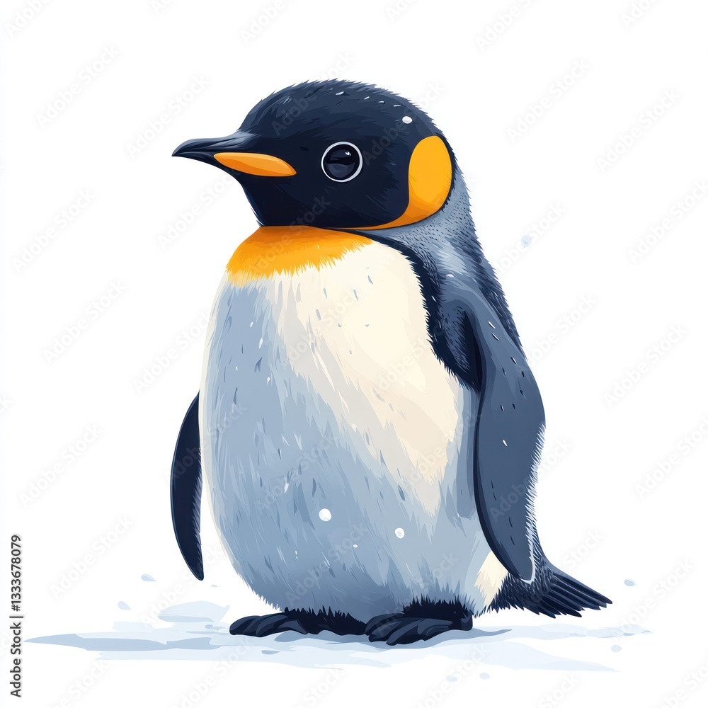 Cute emperor penguin chick standing on snow Cute emperor penguin chick standing on snow