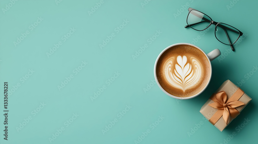 Festive Flatlay Composition with Coffee Latte Art Gift and Eyeglasses on Teal Background Festive Flatlay Composition with Coffee Latte Art Gift and Eyeglasses on Teal Background