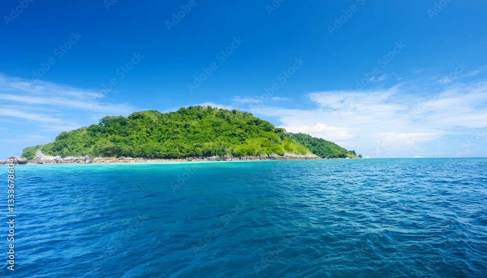 Fototapeta premium Summer Ocean View with Lush Green Island and Bright Sky