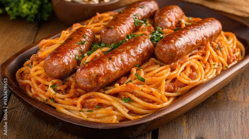 Sausage and spaghetti in rich tomato sauce are served on a wooden table, offering a hearty and comforting meal. Sausage and spaghetti in rich tomato sauce are served on a wooden table, offering a hearty and comforting meal.