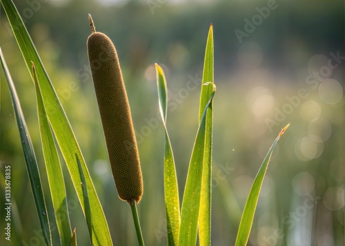 Close-up of a cattail seed head and vibrant green leaves. photo