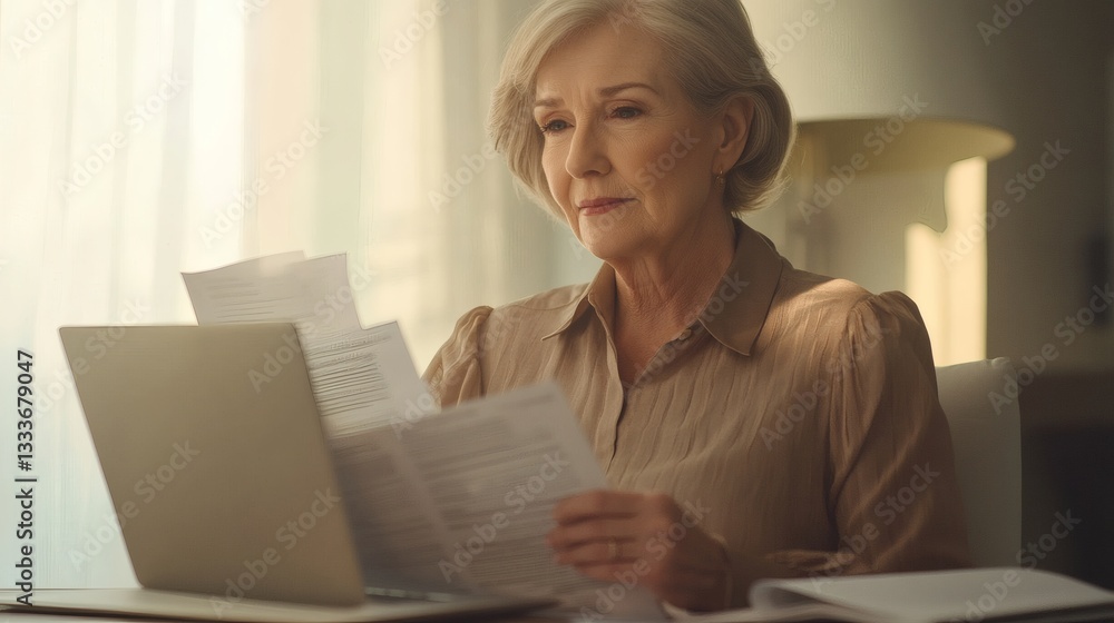 An older woman reviews documents at a home office desk An older woman reviews documents at a home office desk