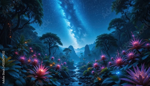 Enchanting nighttime forest scene with vibrant flora mystical landscape nature photography serene environment wide angle view