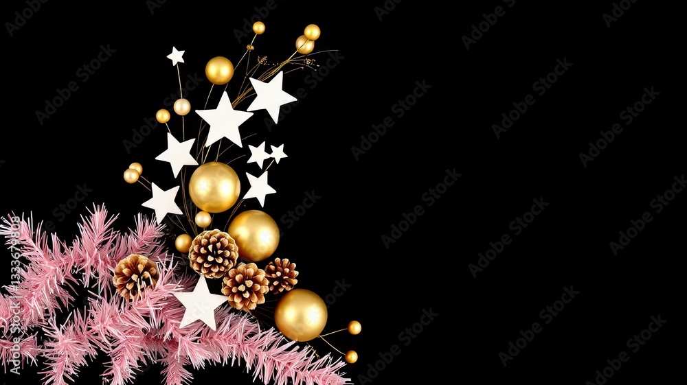 Fototapeta premium Festive Christmas Decor Gold Ornaments Pink Tinsel Stars