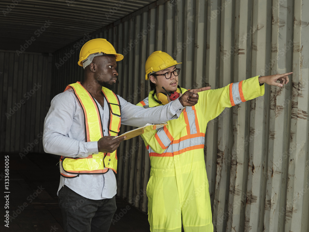 Two construction workers in safety gear examining and discussing a shipping container at a job site, demonstrating teamwork and planning in the logistics industry.