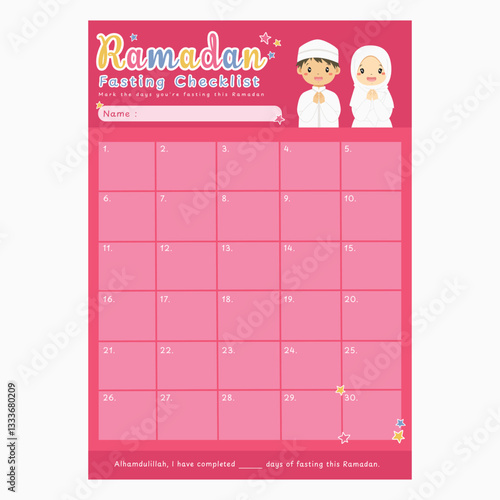Ramadan fasting checklist poster template design, vector illustration for children. A3 size Ramadan checklist poster