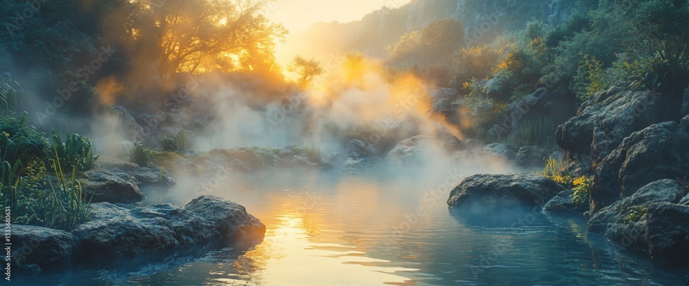 Mystical mountain hot springs with morning light and natural steam Mystical mountain hot springs with morning light and natural steam