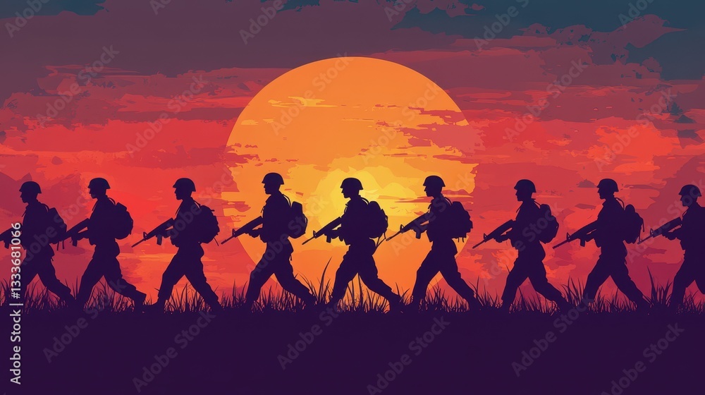 Fototapeta premium Silhouettes of soldiers march steadily against the dramatic backdrop of a setting sun, creating a powerful and evocative scene.
