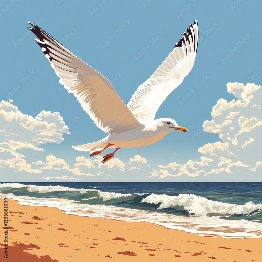 Flying seagull over beach at summer Flying seagull over beach at summer