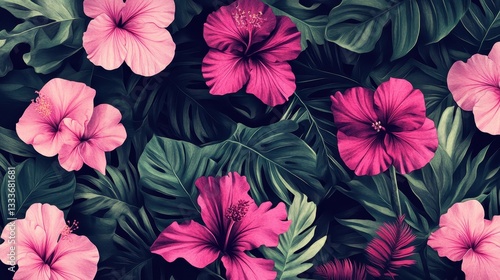 Vibrant Hibiscus and Tropical Leaves: A Lush Floral Tapestry