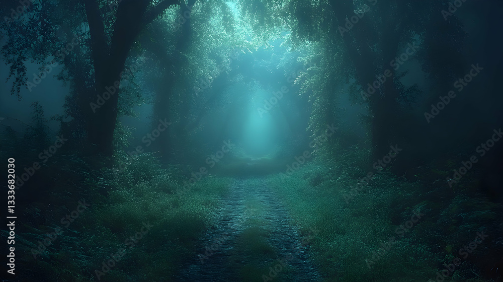 Obraz premium Misty forest path at dawn (1)