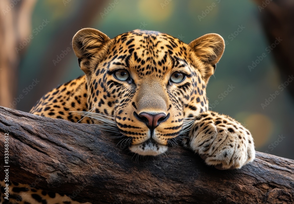 Obraz premium Close-Up of a Majestic Leopard Resting on a Tree Branch with Beautiful Spots and Intense Eyes in a Natural Environment, Captured in Stunning Detail