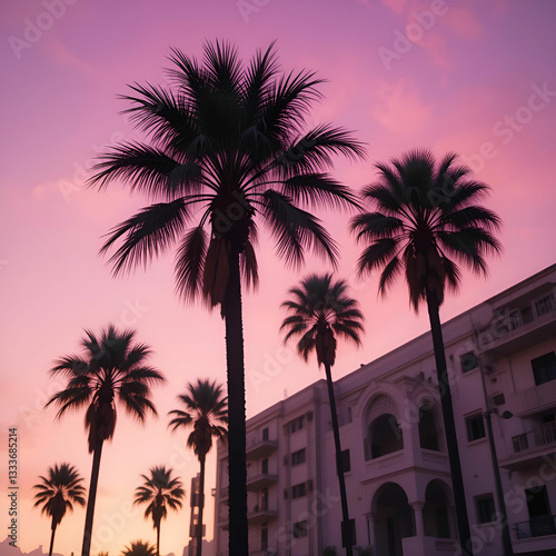 Image showing a palm tree with a cotton candy-colored sky.
