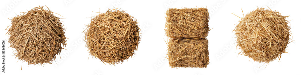 Obraz premium Piles of golden dried hay or straw bales stacked in a serene countryside landscape reflecting traditional agricultural practices and the natural environment