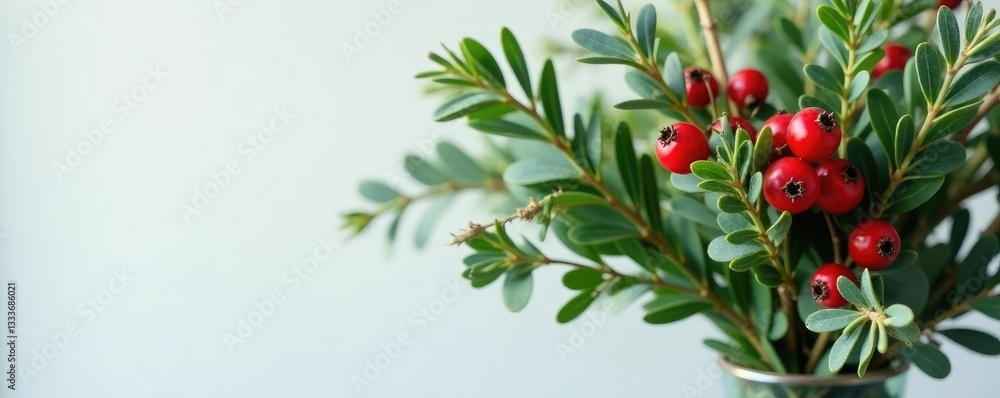 Obraz premium Fir branches with bright red berries and eucalyptus in a vase, flowers, evergreen, greenery