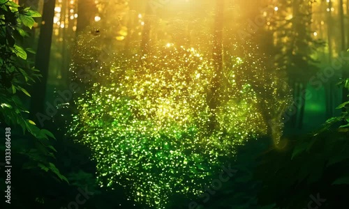 Glowing Green Heart Shaped Light Particles in a Dark Forest