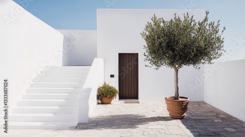 The front door of a minimalist house features white walls and a potted tree. photo