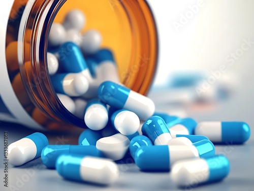 Blue and white capsules spilling from a bottle.