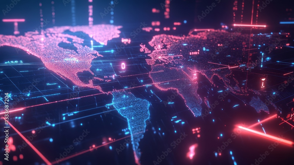 Obraz premium Global Network Data Visualization Pink Blue Neon Glowing Lines Futuristic Digital World Map