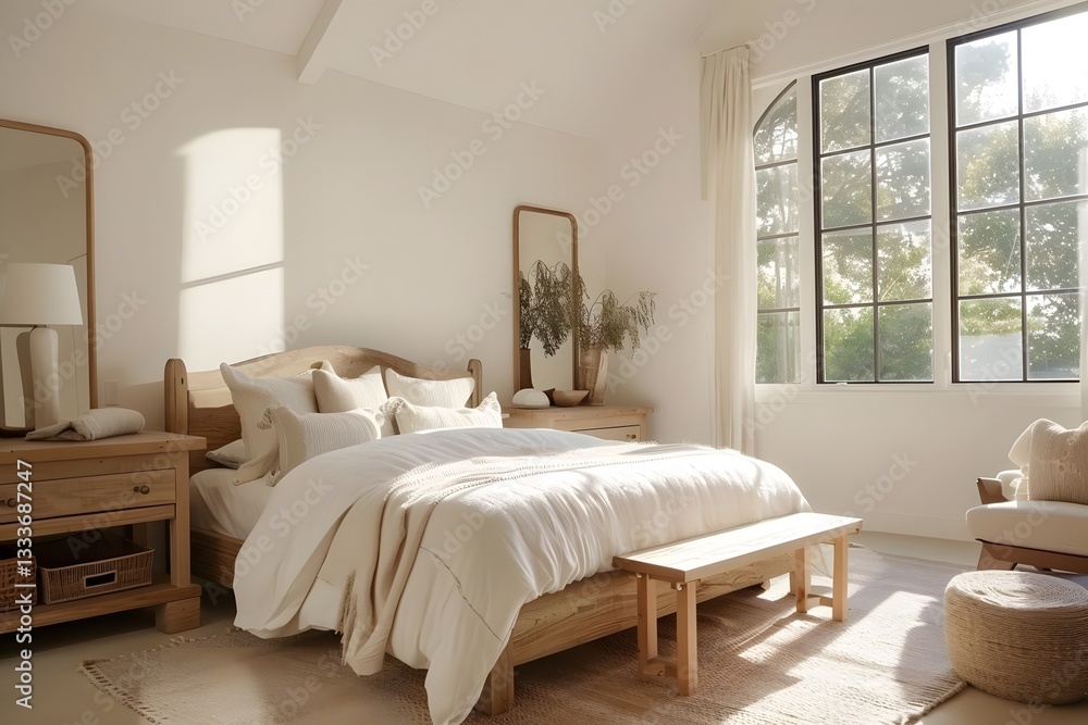 Designing a Serene Bedroom: Natural Light, Neutral Tones, and Wooden Furniture Create a Calming Sanctuary with Textured Textiles and Simple Decor, Enhancing Relaxation and Tranquility. Designing a Serene Bedroom: Natural Light, Neutral Tones, and Wooden Furniture Create a Calming Sanctuary with Textured Textiles and Simple Decor, Enhancing Relaxation and Tranquility.