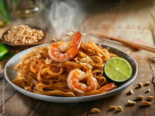 Pad Thai with shrimp, served hot with lime and peanuts in a rustic setting.