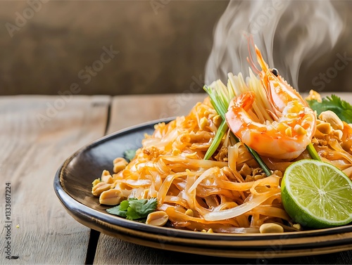 Pad Thai with shrimp, served hot with lime and peanuts in a rustic setting.