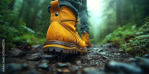 Close-up zoom in on the feet of a tourist hiking in beautiful nature