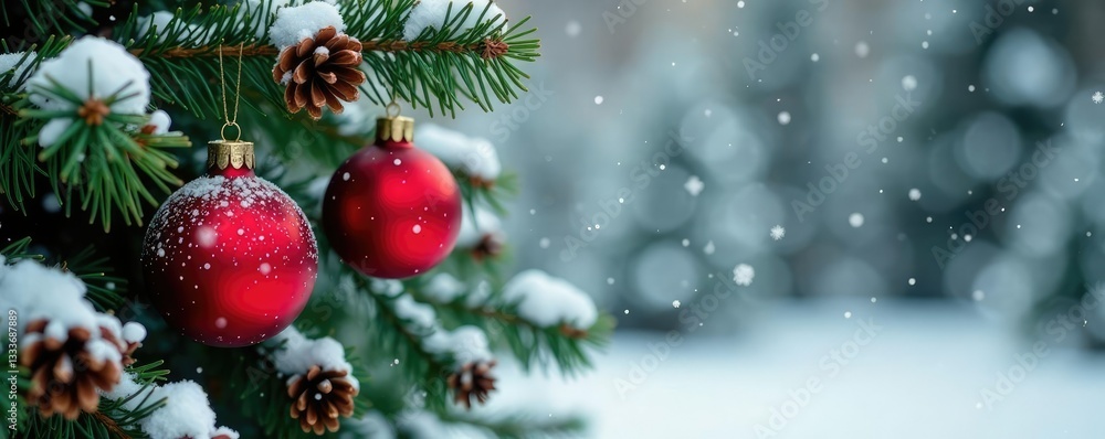 Red ornaments hung from snow-covered evergreen branches and pinecones, ornament, evergreen Red ornaments hung from snow-covered evergreen branches and pinecones, ornament, evergreen