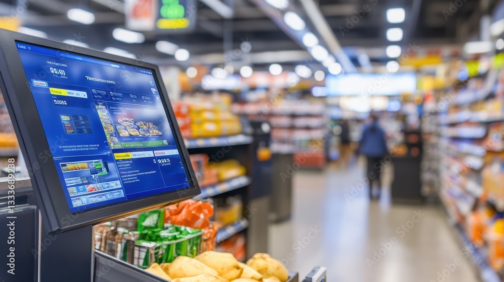 Fototapeta premium The image features a digital screen positioned at a supermarket checkout counter, with a blurred shelf aisle in the background.
