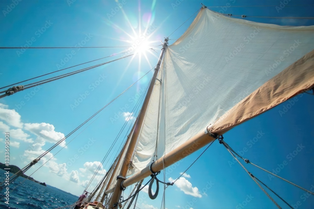 Fototapeta premium The sailboat's mast and rigging under sunlight, ship, rigging