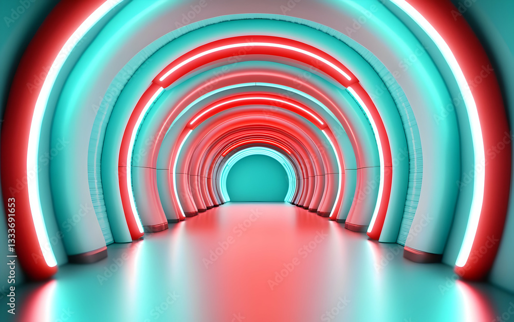 Obraz premium Glowing Teal and Red Neon Tunnel with Cyber Waveforms