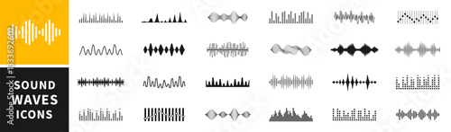 Sound waves icons set. Music frequency. Audio player. Sound equalizers. Radio wave icons. Abstract digital equalizers for music app. Volume level symbols. Vector