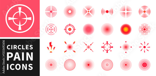 Red pain circles. Pain localization sign and pointings. Circles for marking human pain. Set of radar icons. Headache, toothache, marker of an injured body part, muscle pain in joints. Vector