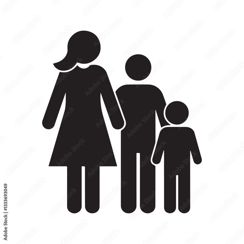 A vector illustration of a black silhouette family icon with a mother, father, and child. A vector illustration of a black silhouette family icon with a mother, father, and child.