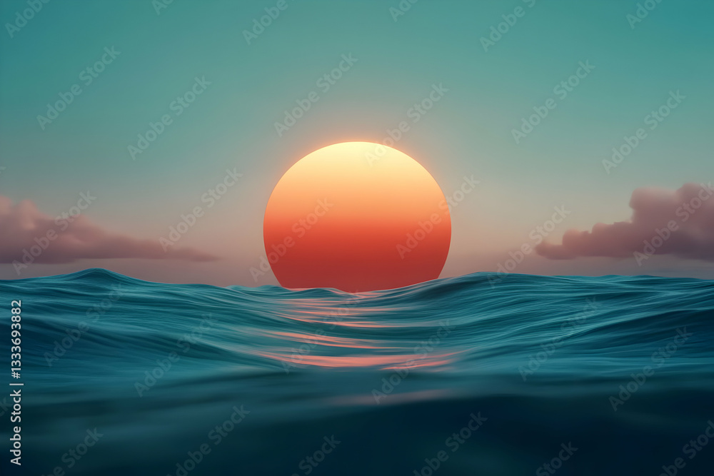 Golden Sun Setting Over Tranquil Ocean Horizon Golden Sun Setting Over Tranquil Ocean Horizon