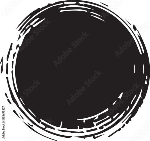 Black brush circle. Round stamp vector isolated on background. Painted black brush circle vector. For grunge badge, seal, ink and stamp design template. Round grunge hand drawn circle shape, vector