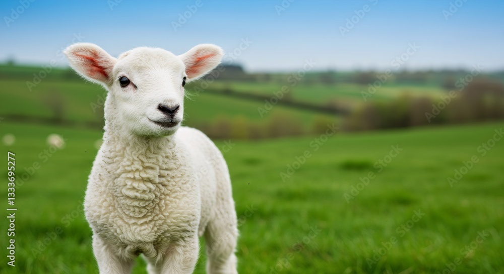 Cute white lamb on green pasture with rolling hills in background. Spring farm scene. Animal husbandry and wool industry concept. Rural landscape for agriculture poster Cute white lamb on green pasture with rolling hills in background. Spring farm scene. Animal husbandry and wool industry concept. Rural landscape for agriculture poster