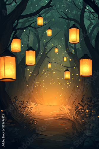 Enchanted forest pathway illuminated by glowing lanterns, creating a magical atmosphere at dusk
