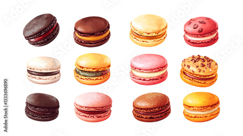 An array of twelve colorful French macarons in various flavors like chocolate and vanilla are showcased ready for dessert marketing isolated on