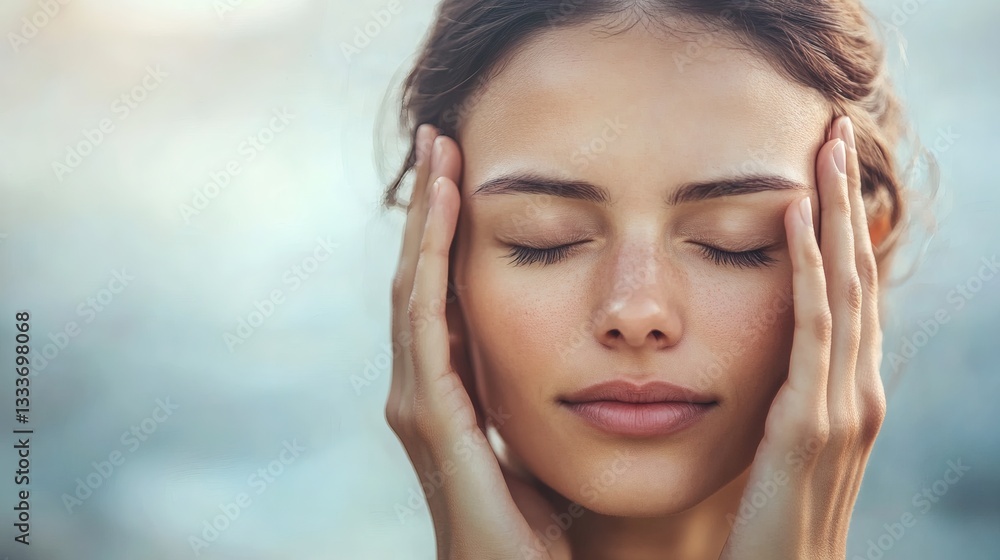 Fototapeta premium A beautiful woman with closed eyes touching her temples