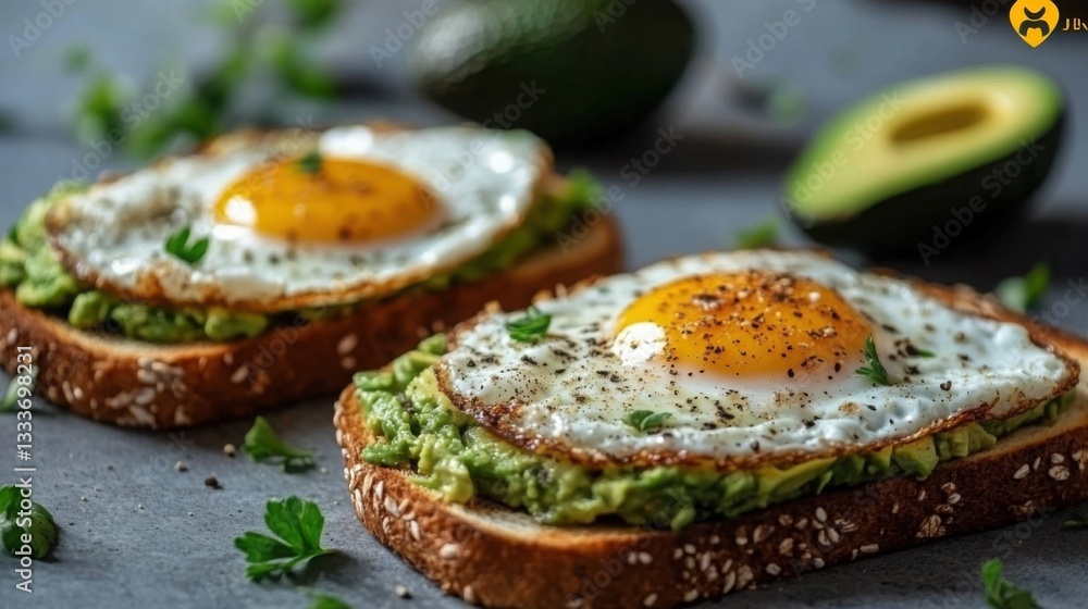 Freshly toasted bread features creamy avocado and a sunny-side-up egg, garnished with herbs and chili flakes, alongside ripe cherry tomatoes. Freshly toasted bread features creamy avocado and a sunny-side-up egg, garnished with herbs and chili flakes, alongside ripe cherry tomatoes.