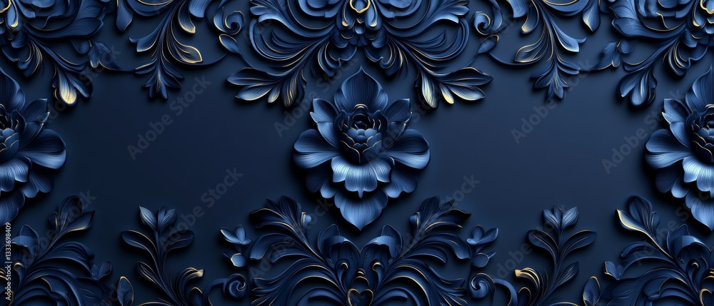 Elegant Navy Blue and Gold 3D Floral Damask Pattern Elegant Navy Blue and Gold 3D Floral Damask Pattern