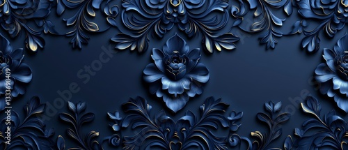 Wallpaper Mural Elegant Navy Blue and Gold 3D Floral Damask Pattern Torontodigital.ca