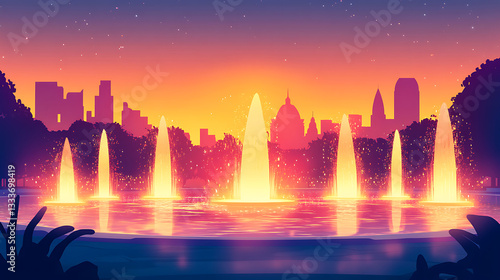 Vibrant sunset over a city park fountain, with colorful water jets illuminating the skyline